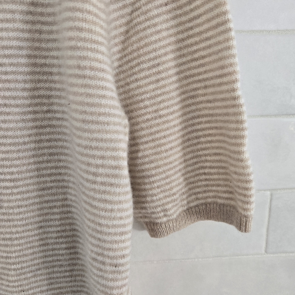 Bogner 100% Cashmere Wool Knit Short-Sleeve Striped Sweater Top Beige Cream Tan - Picture 2 of 10